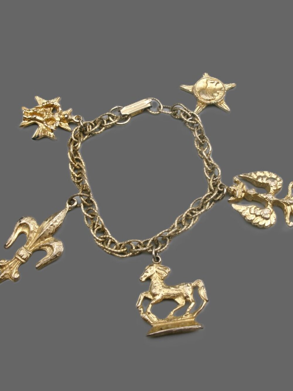 Vintage Coro GCI Gold Heraldic Charm Bracelet, 5 Charms, Fleur de Lis, Horse
